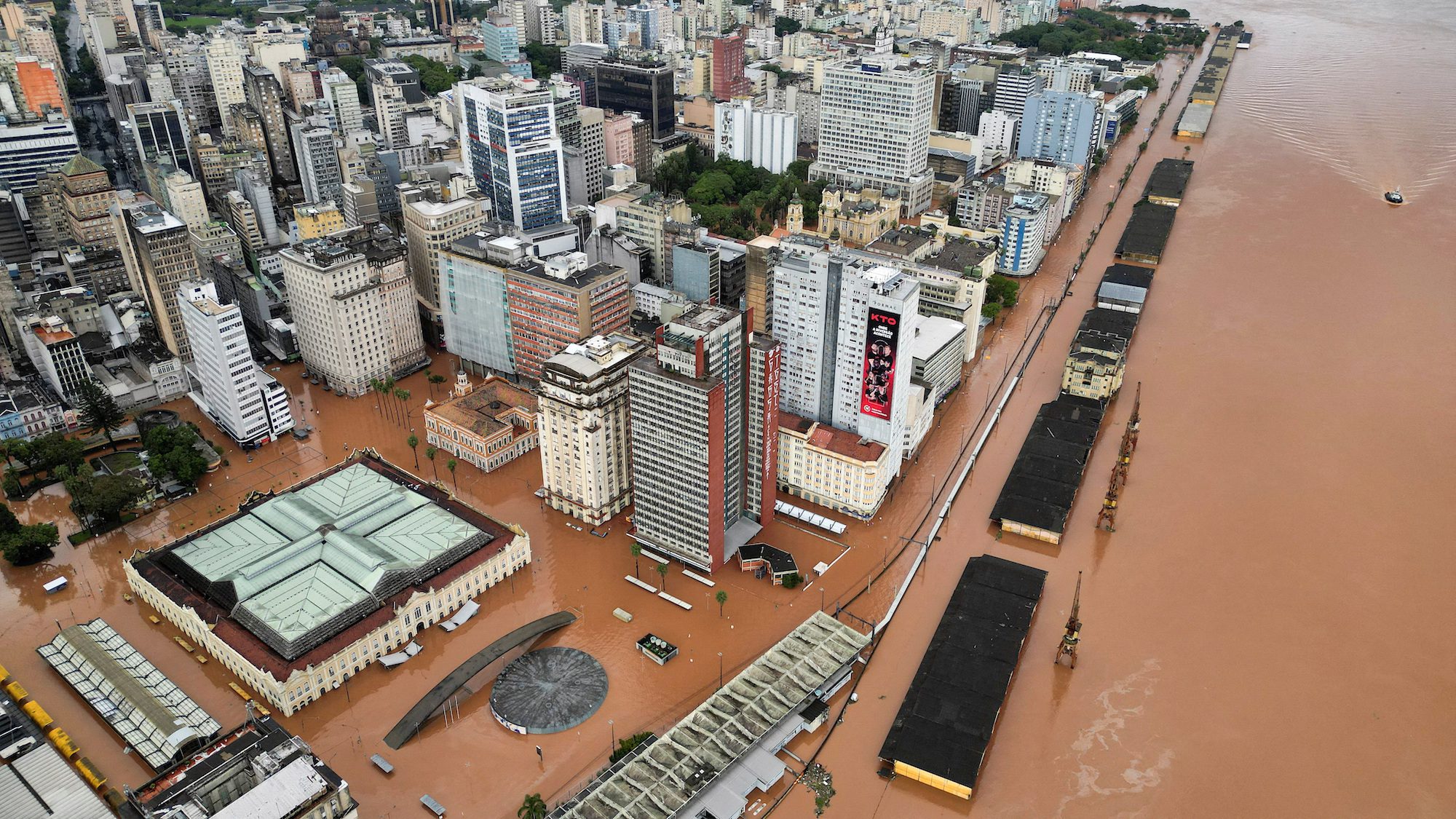 A drone view shows a flooded city center after people were evacuated in Porto Alegre, in Rio Grande do Sul state, Brazil, May 5, 2024. REUTERS/Renan Mattos