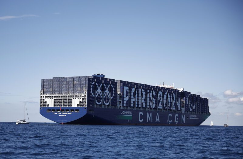 CMA CGM Greenland container ship is seen at sea with Paris 2024 and the Olympic rings on it REUTERS/Benoit Tessier