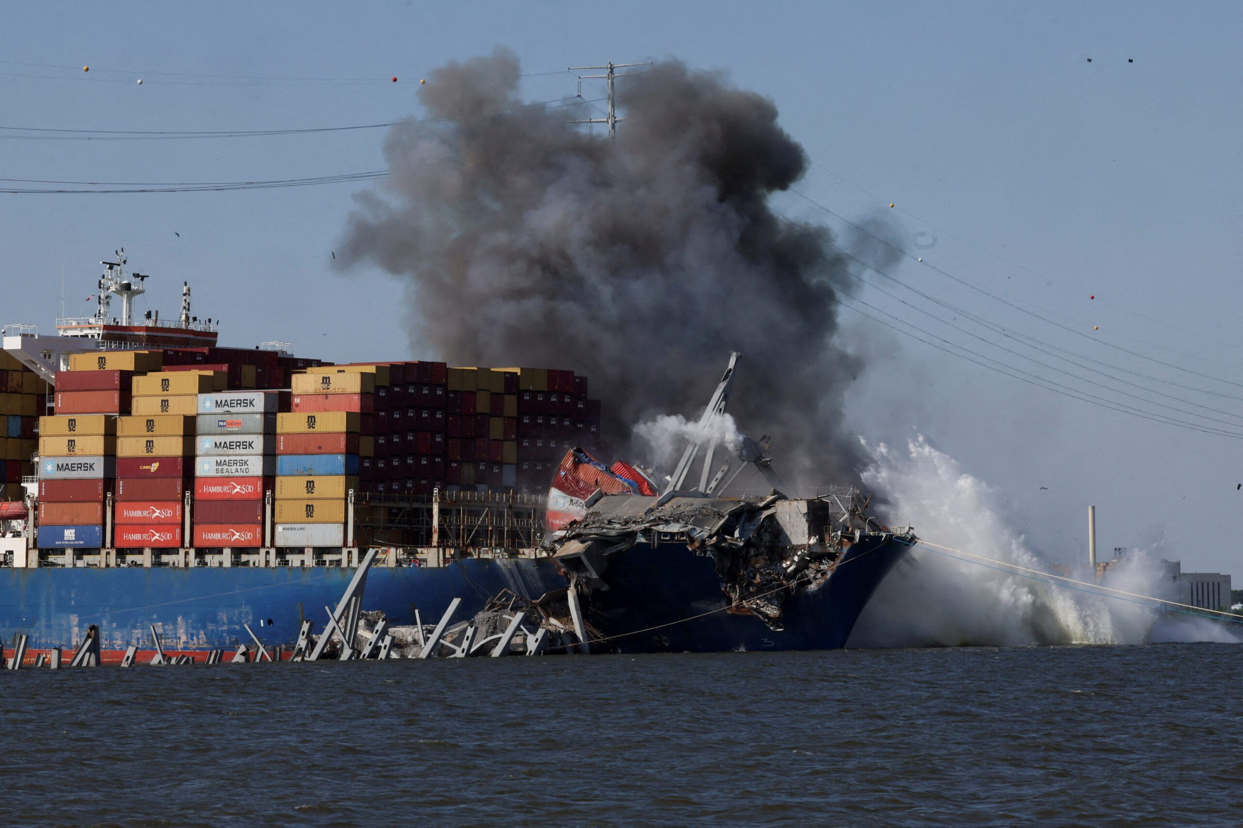 Explosives are detonated to free container ship Dali from Baltimore bridge collapse, in Baltimore. REUTERS/Leah Millis