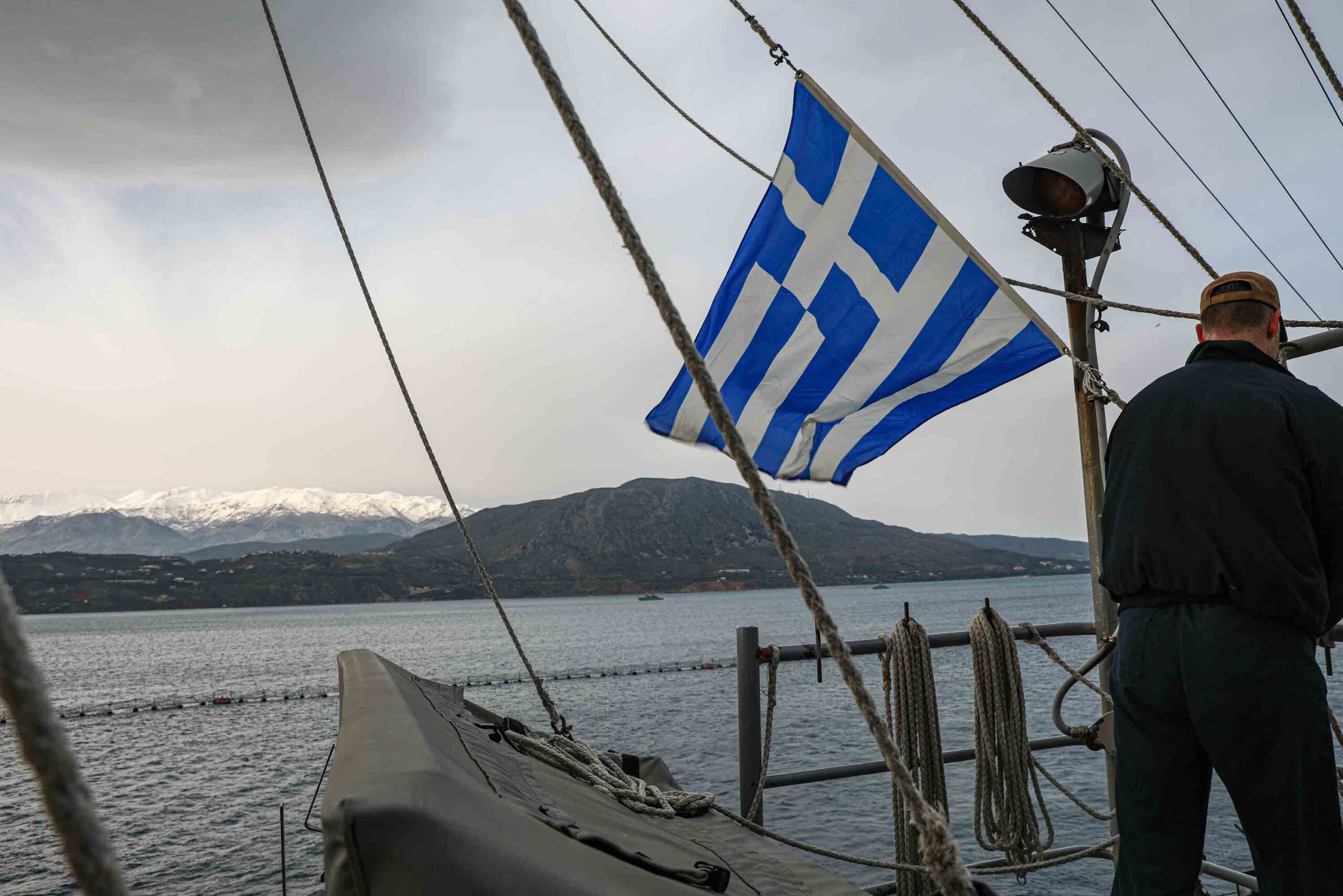 US Navy ship raising Greek ensign