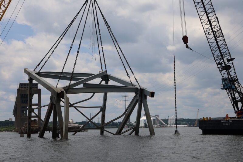 Ten weeks after the collapse of Baltimore’s Francis Scott Key Bridge, salvage crews successfully removed the final large steel truss segment blocking the 700-foot-wide Fort McHenry Federal Channel on June 3-4. Unified Command Photo