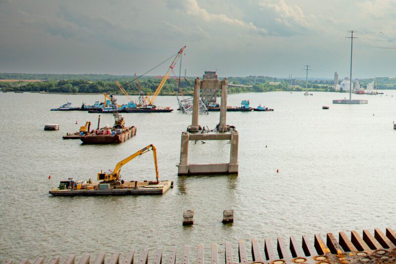 Salvors continue working to clear the Francis Scott Key Bridge wreckage, May 23, 2024, in an effort to reopen the full 700 ft wide Fort McHenry Federal Channel. U.S. Army Corps of Engineers photo by Christopher Rosario