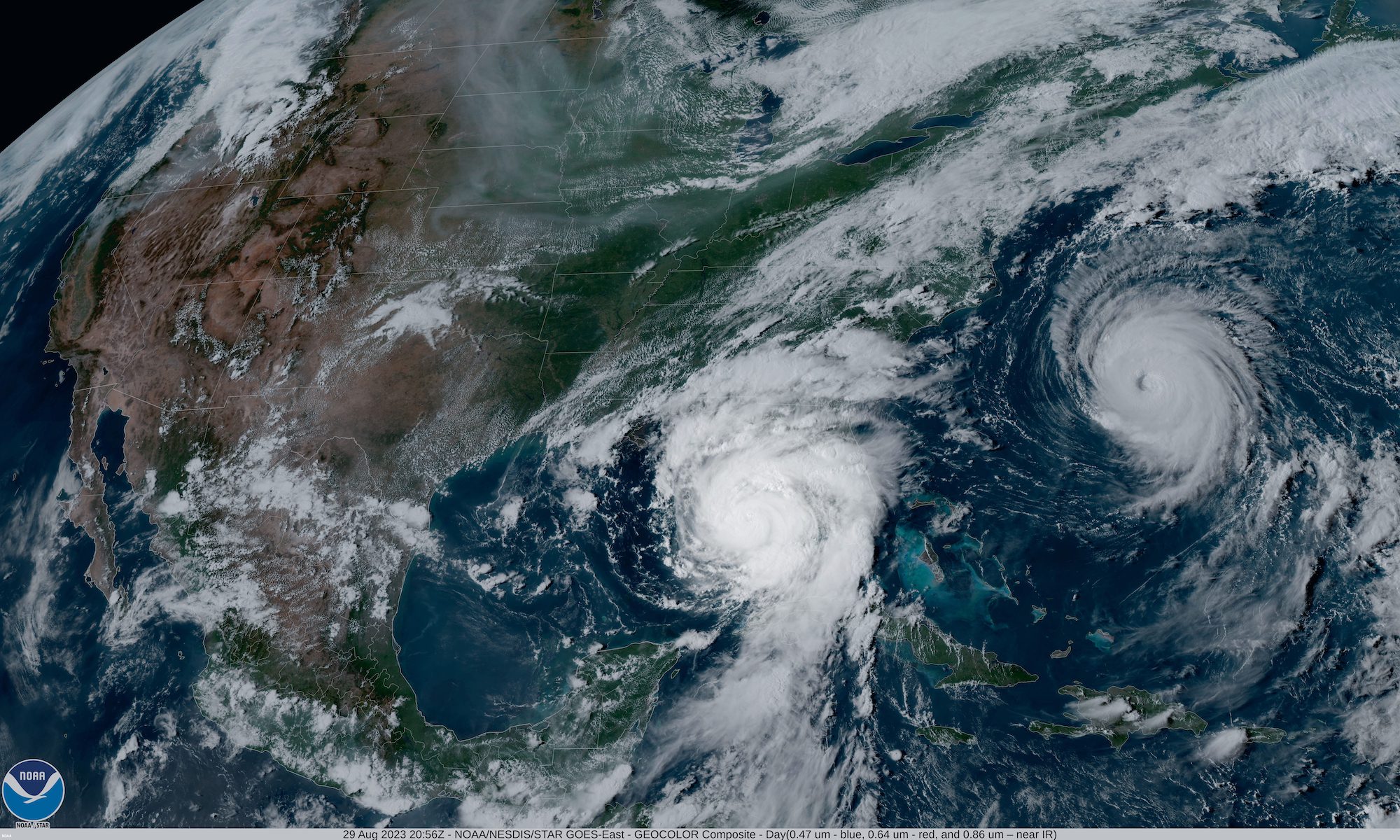 NOAA's GOES-16 satellite captured Hurricane Idalia approaching the western coast of Florida while Hurricane Franklin churned in the Atlantic Ocean at 5:01 p.m. EDT on August 29, 2023. (Image credit: NOAA Satellites)