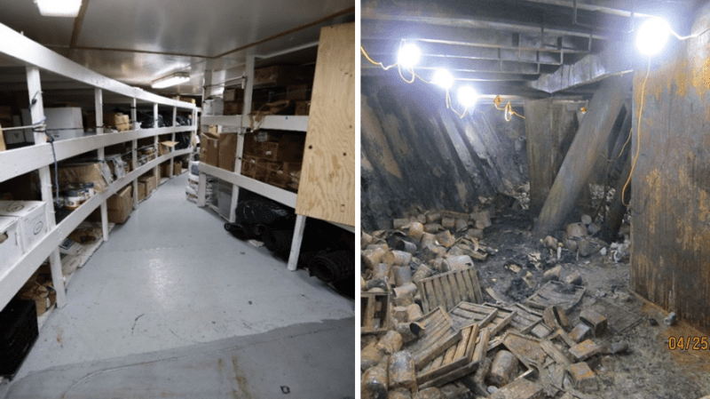 The dry stores room before (left) and after the fire (right). (Source: Trident Seafoods and U.S. Coast Guard)