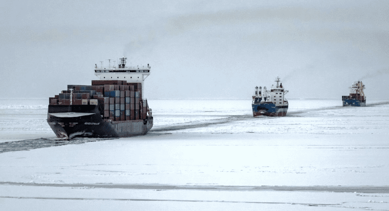 Chinese container ship NewNew Polar Bear in a convoy on the Northern Sea Route during an eastbound voyage in October 2023. (Source: Rosatomflot)