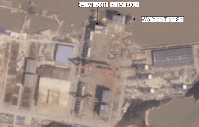 Satellite images from March 20 and March 21, 2024 showing the loading of module 3-TMR-001 and 3-TMR-002 onto Wei Xiao Tian Shi. (Source: Planet.com)
