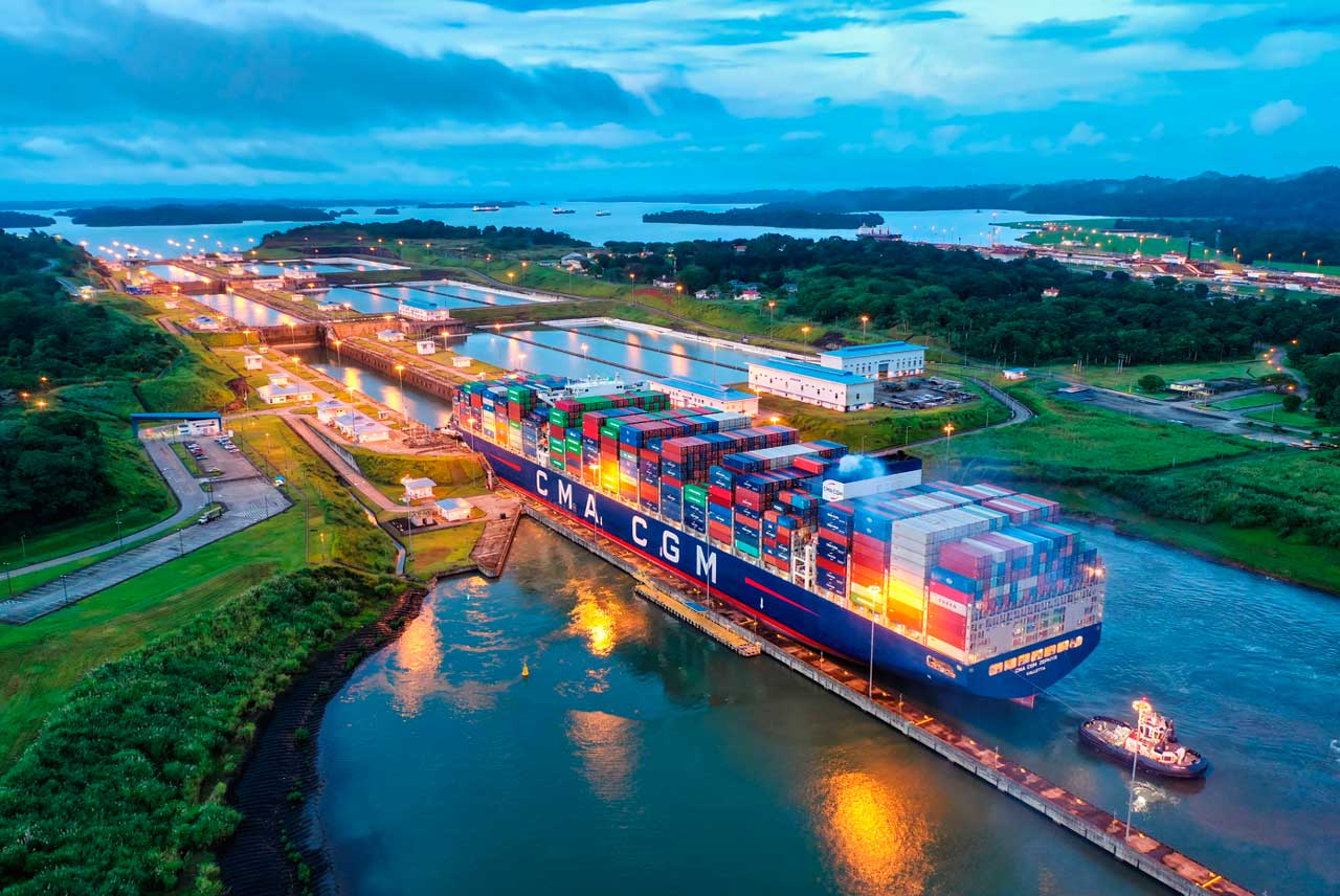 A CMA CGM containerships transits the Panama Canal