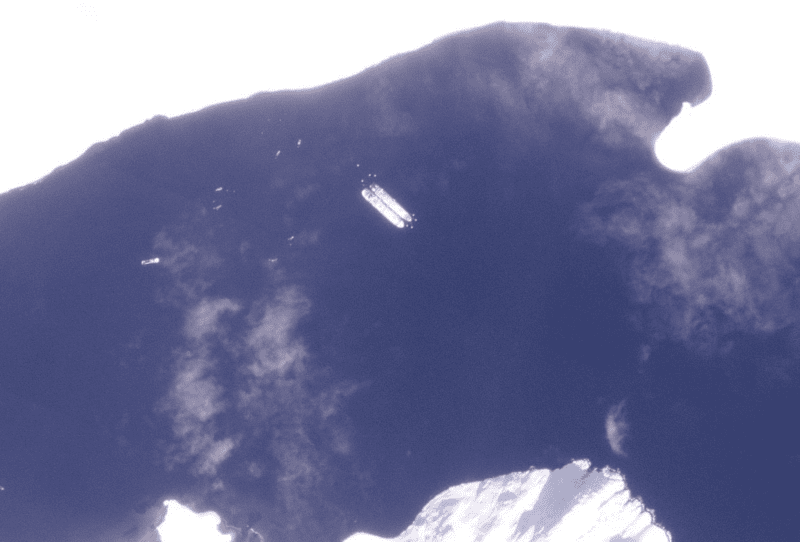 Satellite image of a ship-to-ship transfer at the Kildin anchorage in April 2024. (Source: Planet.com)
