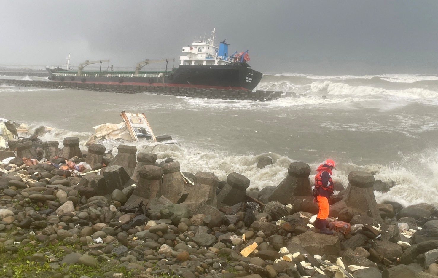 A view shows cargo ship Hong Sheng 88, which according to Taiwan's Ocean Affairs Council was stranded due to Typhoon Gaemi, off the coast of Kaohsiung, Taiwan in this handout image released on July 26, 2024. Taiwan Ocean Affairs Council/Handout via REUTERS