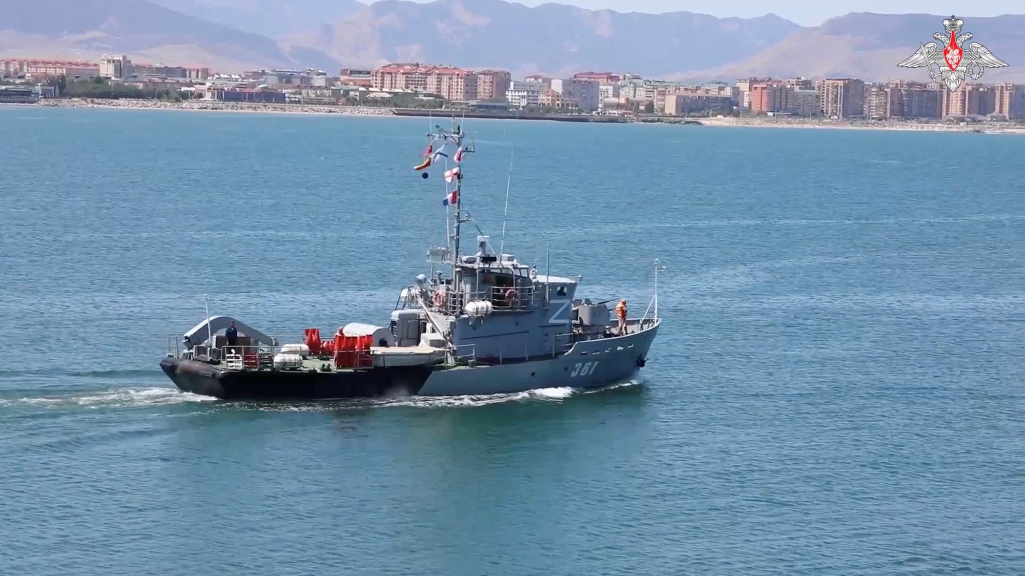 Russian Navy minesweeper of the Caspian Flotilla takes part in naval exercises at an undisclosed location, in this still image from a video released July 30, 2024. Russian Defence Ministry/Handout via REUTERS