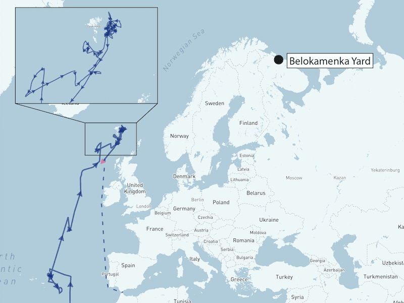 Wei Xiao Tian Shi’s route in the North Atlantic during May and June 2024 and its turn back south in early July. (Source: Shipatlas)
