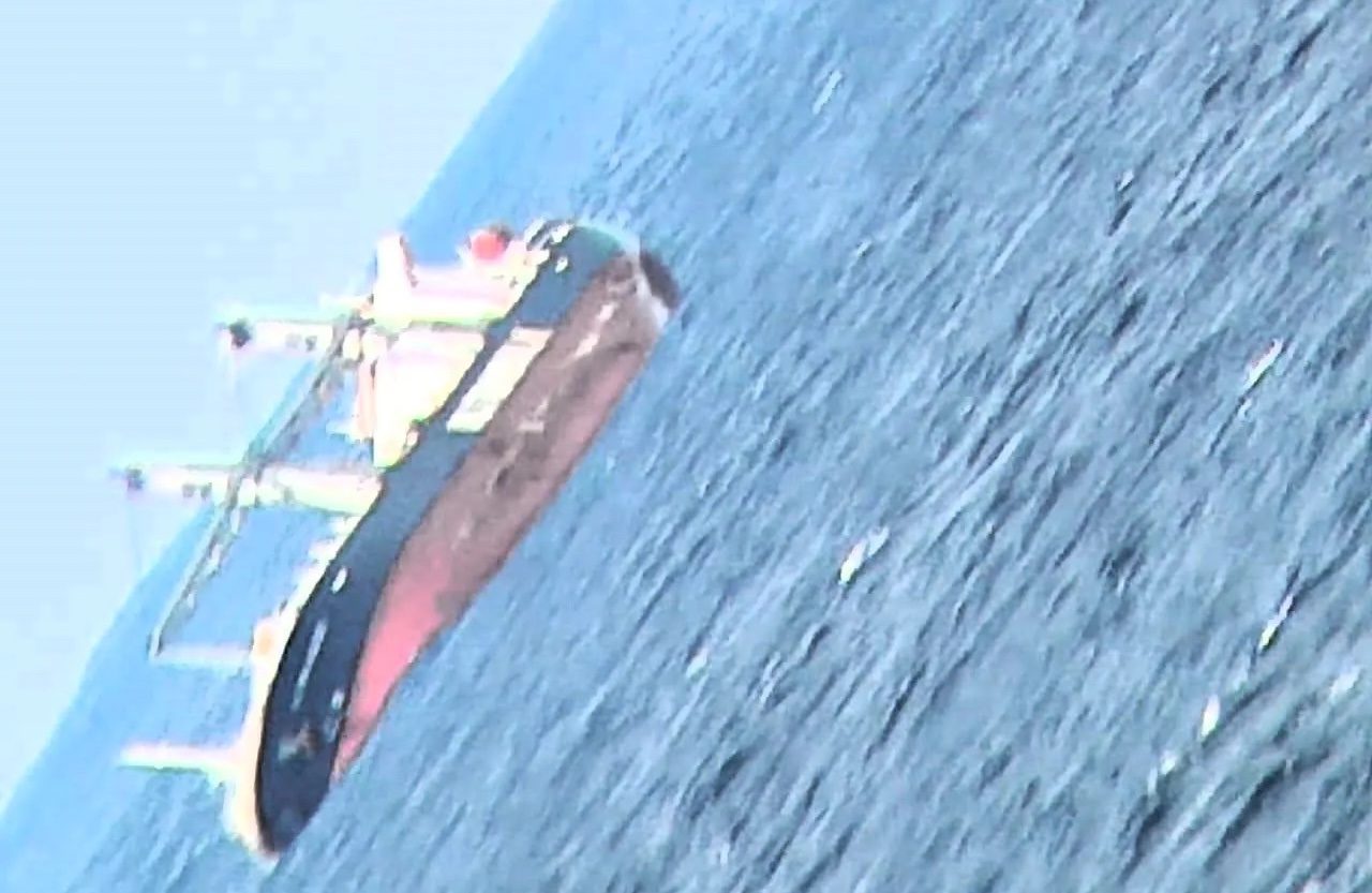 A photo of the Panama registered general cargo vessel reportedly in trouble at sea, and excessivly listing, on the Atlantic Ocean north west of Cape Town on Monday morning. Its crew of 18 seafarers rescued and currently being evacuated. Photo courtesy SAMSA