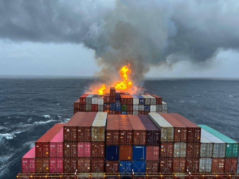 A fire on board the Maersk Frankfurt in the Arabian Sea, July 19, 2024. Photo via Indian Coast Guard