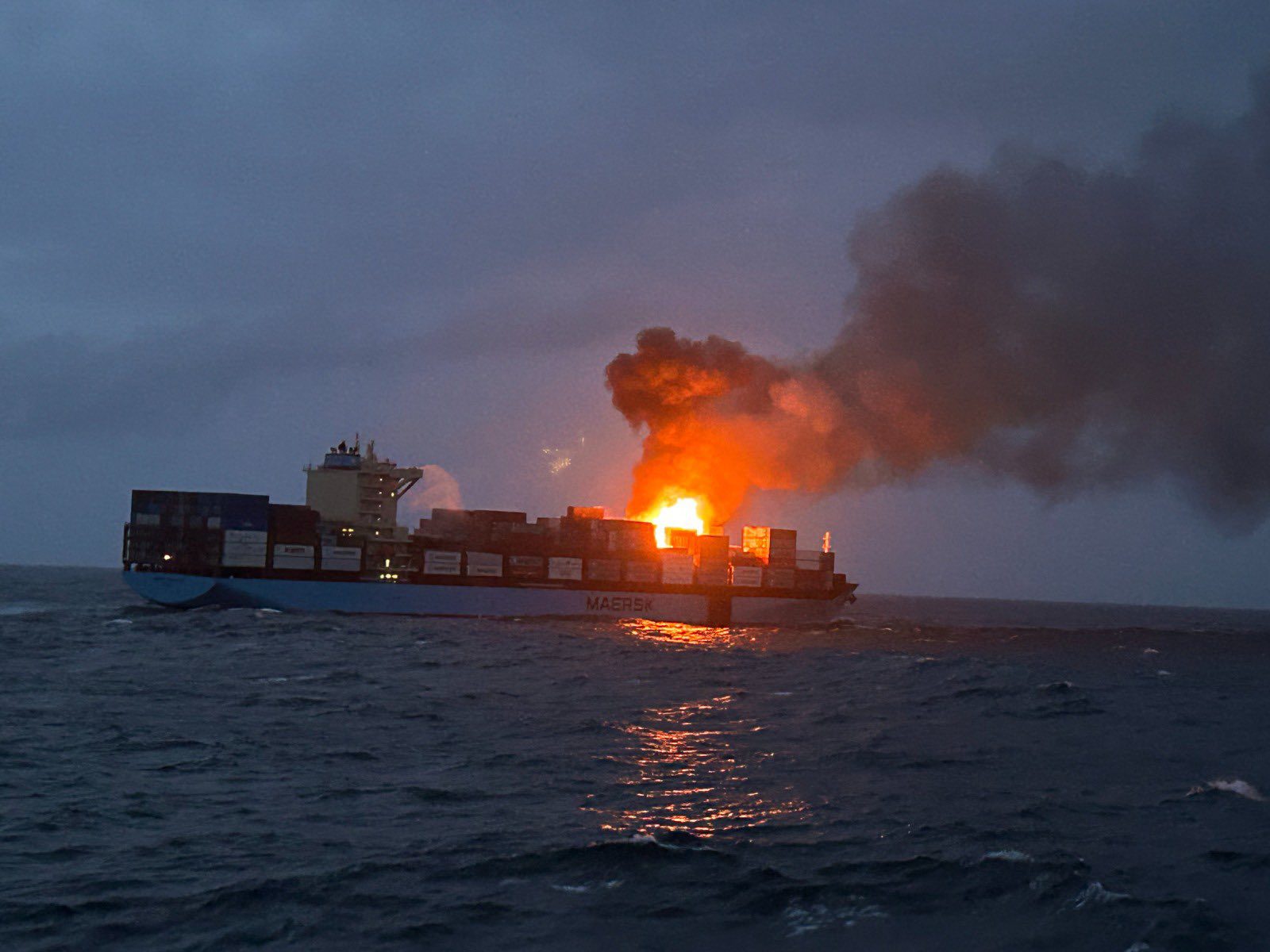 A fire on board the Maersk Frankfurt in the Arabian Sea, July 19, 2024. Photo via Indian Coast Guard
