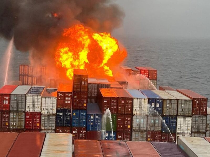 A fire on board the Maersk Frankfurt in the Arabian Sea, July 19, 2024. Photo via Indian Coast Guard