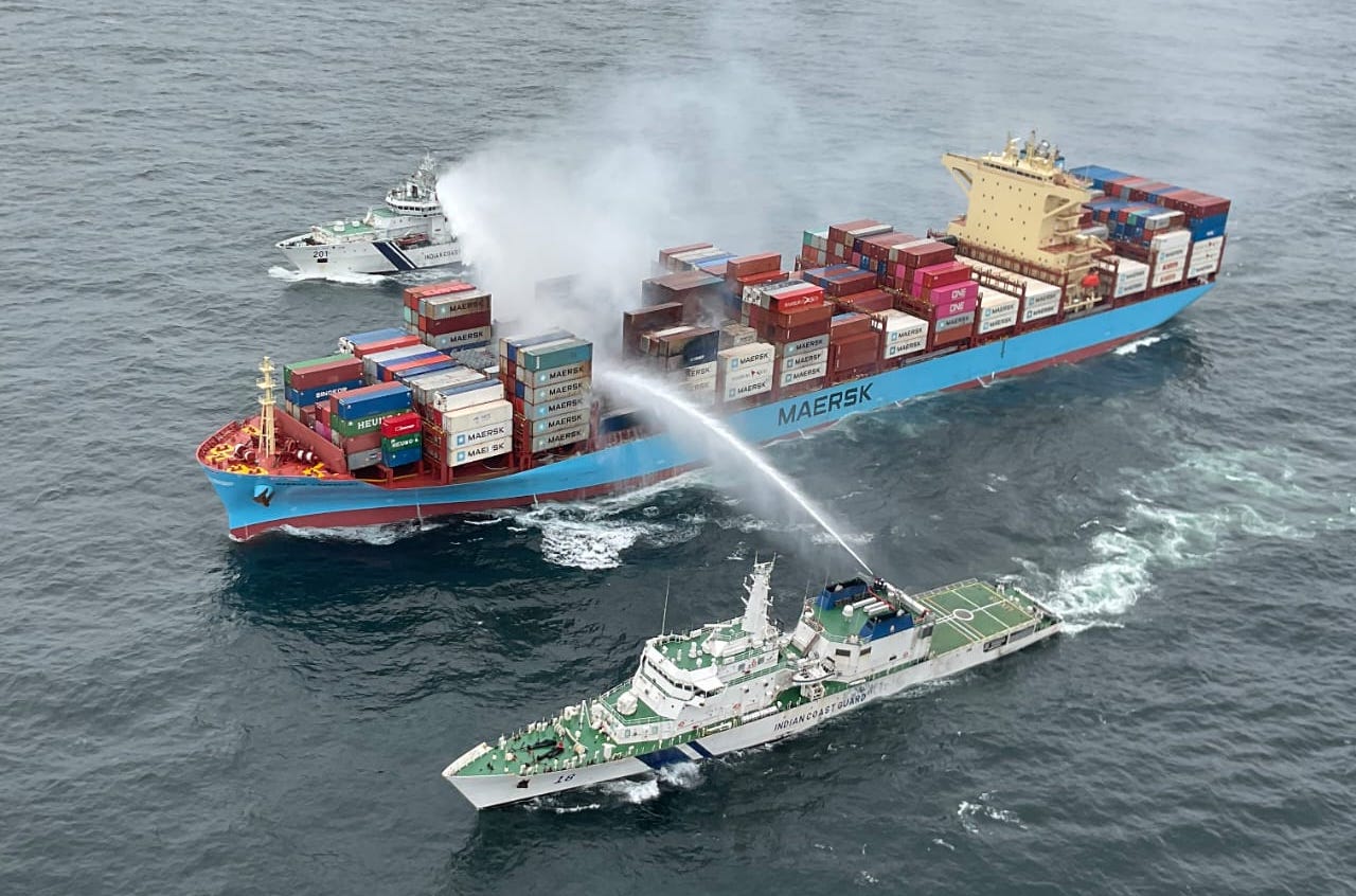 Photo of the Maersk Frankfurt shared by the Indian Coast Guard on July 23, 2024.