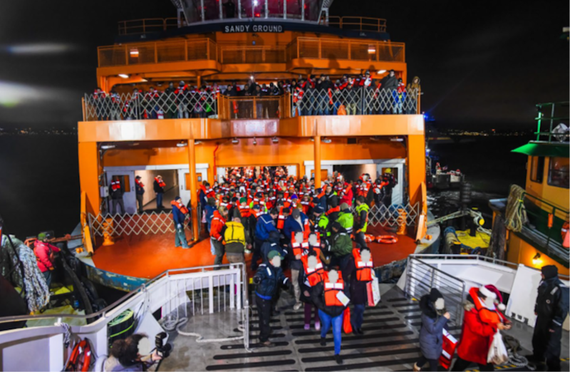 Evacuation of passengers from the Sandy Ground to a responding vessel. (Source: NYCDOT Ferry Division)
