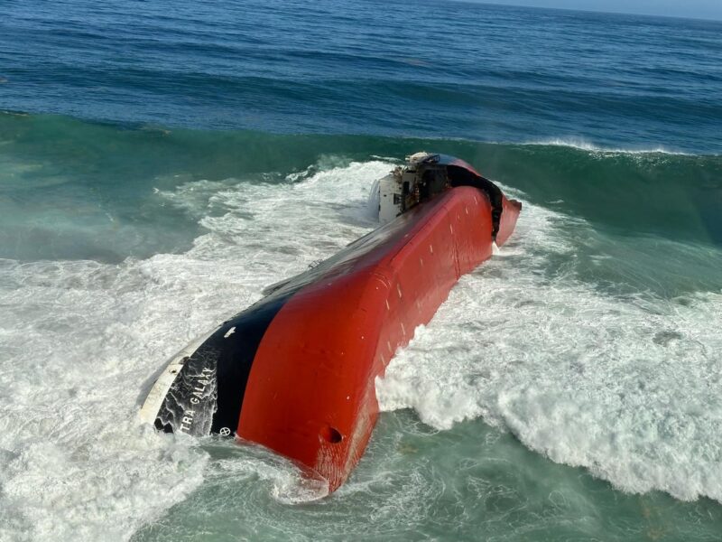 The MV Ultra Galaxy pictured grounded and broken into four pieces after stormy weather on South Africa’s west coast. SAMSA Photo