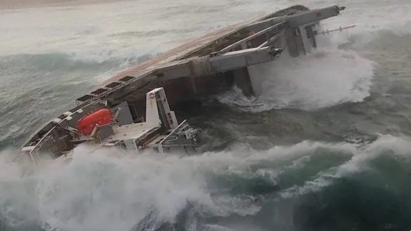 An aerial photo of the grounded MV Ultra Galaxy vessel being severely battered by several meter high waves early on Saturday in a remote area of the Atlantic Ocean off the west coast of South Africa. (Photo: SAMSA)