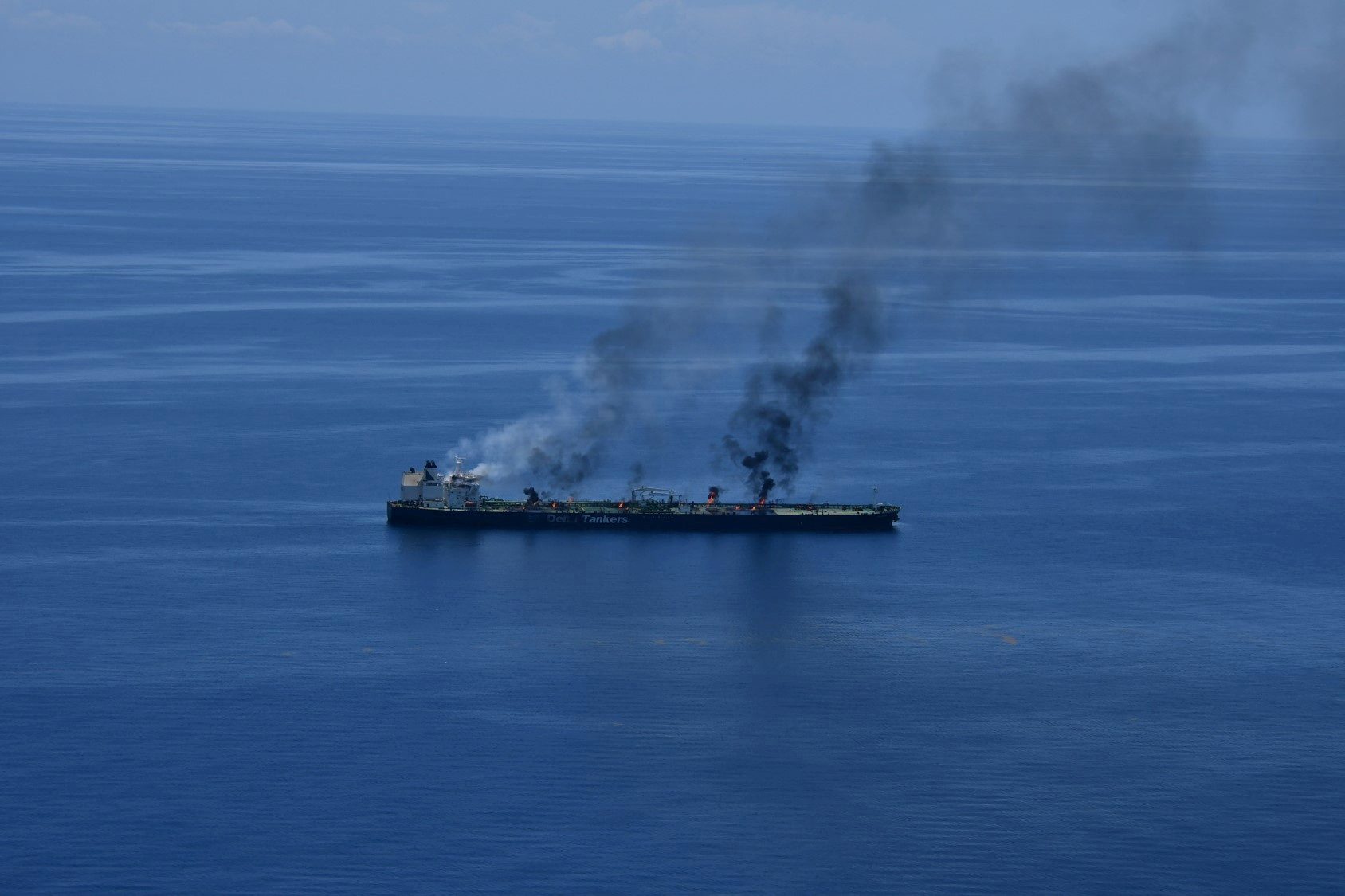 Sounion oil tanker on fire in Red Sea. EUNAVFOR ASPIDES/Handout via REUTERS