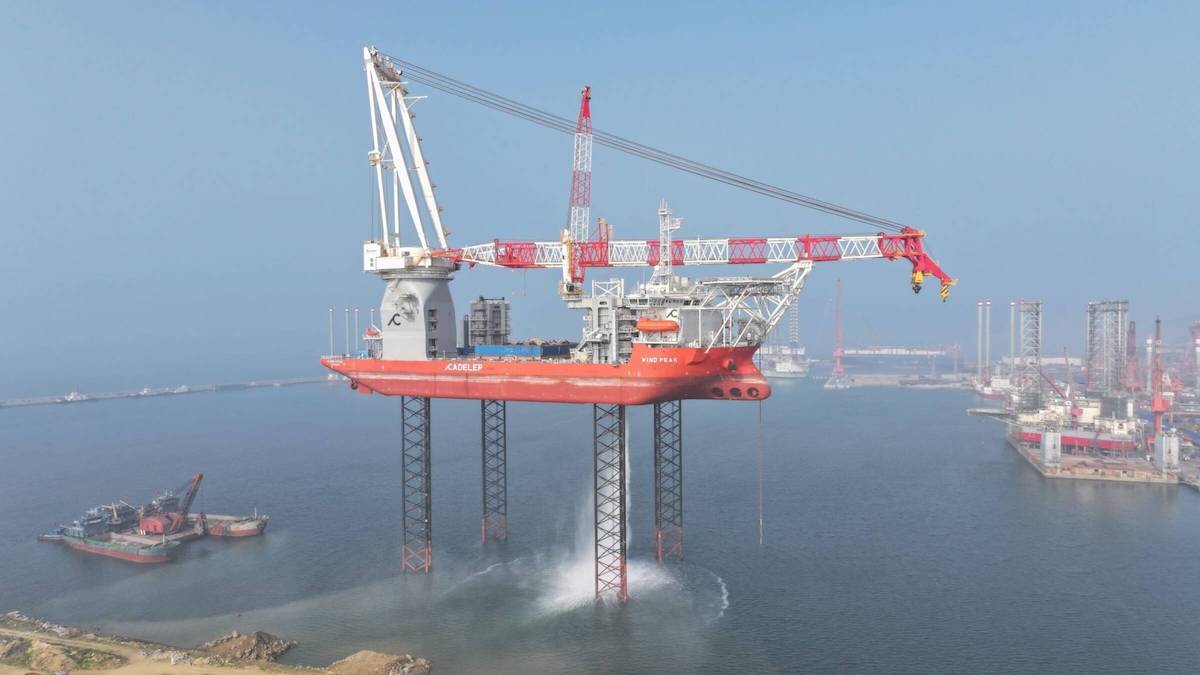 Cadeler has received its first P-class jack-up installation vessel, Wind Peak, from the COSCO Shipping Heavy Industry shipyard in Qidong, China. The vessel was named in a ceremony and will now begin commercial operations. Photo courtesy Cadeler