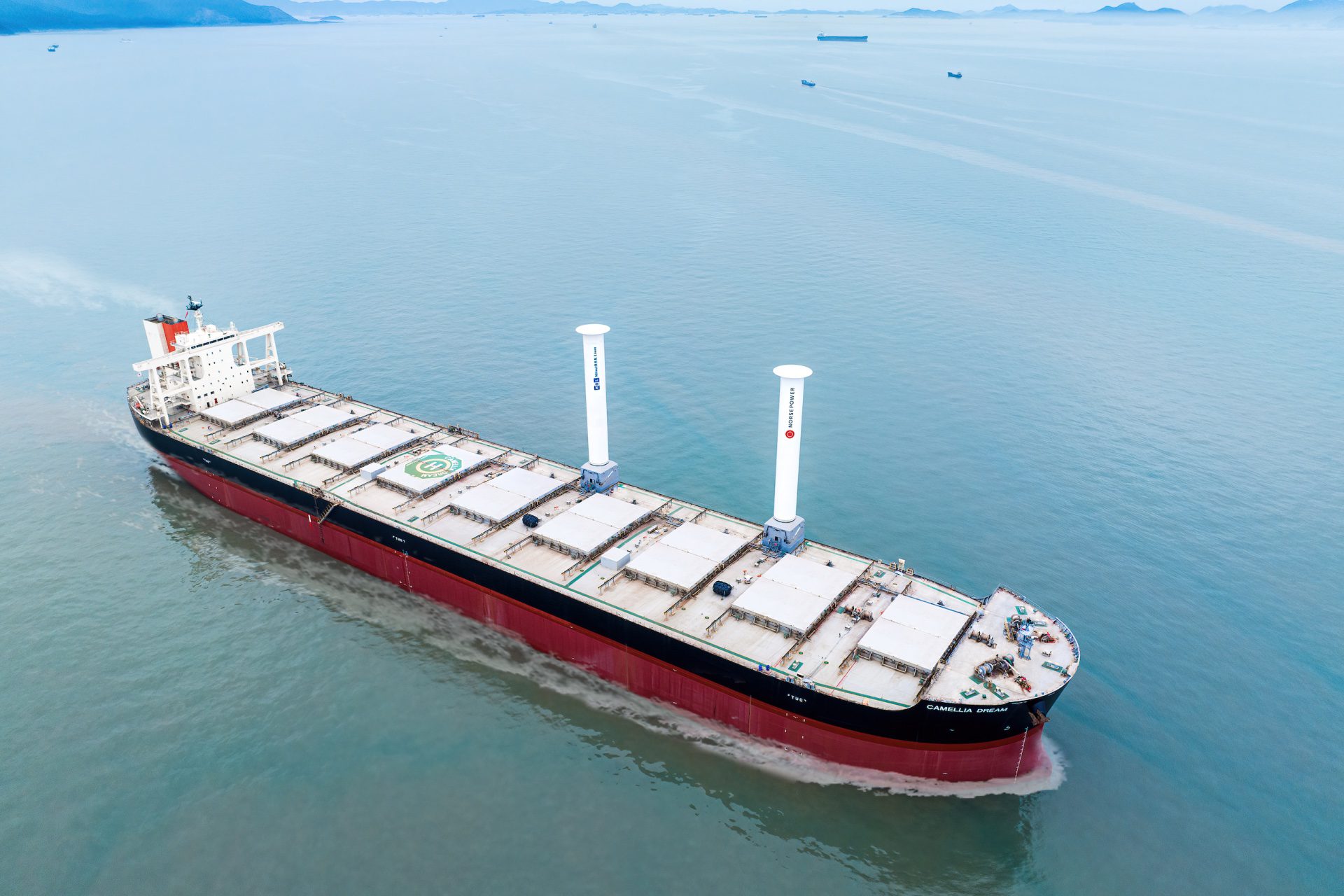 The Rotor Sails-equipped bulk carrier Camellia Dream in operation. Photo courtesy MOL