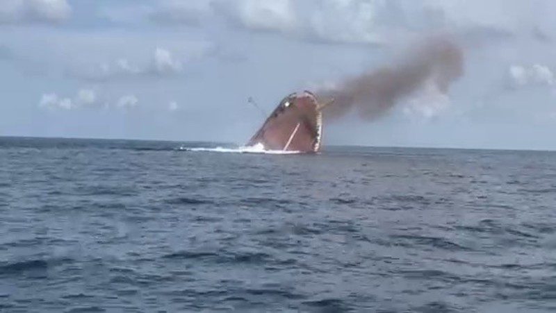 The M/V Monarch Countess slips below the surface after an operational demonstration in July in the waters of the Gulf of Mexico near Eglin Air Force Base, Florida. U.S. Air Force Photo