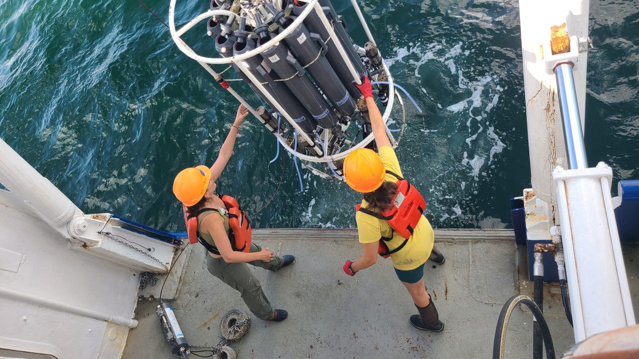 Dr. Jill Tupitza and doctoral student Allison Noble collect near-bottom water aboard Research Vessel Pelican to obtain oxygen measurements used to determine the size of the Gulf of Mexico hypoxic zone.