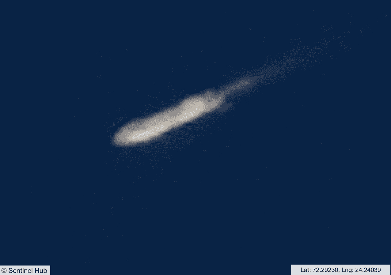 LNGC Pioneer traveling in a southwesterly direction around 100 nm off Norway’s northern coast on August 7. (Source: Sentinel Hub)