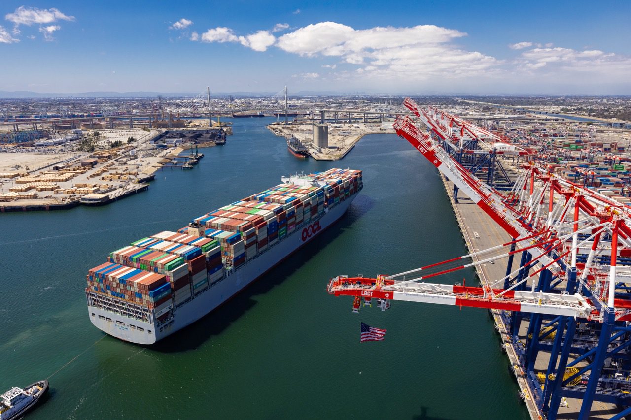 A OOCL containership docks at the Port of Long Beach