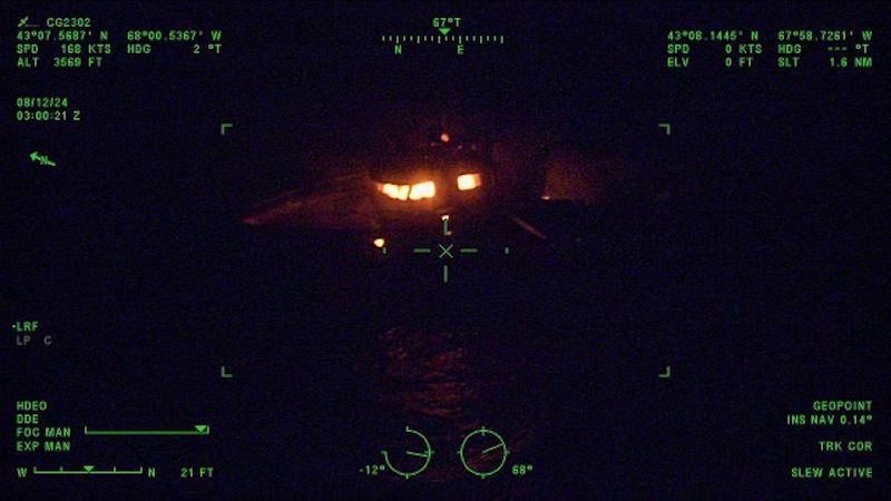 The U.S. Coast Guard rescued six people after a boat fire on the fishing vessel Three Girls led to them abandoning ship 105 nautical miles east of Portsmouth, New Hampshire, Aug. 11, 2024. U.S. Coast Guard Photo