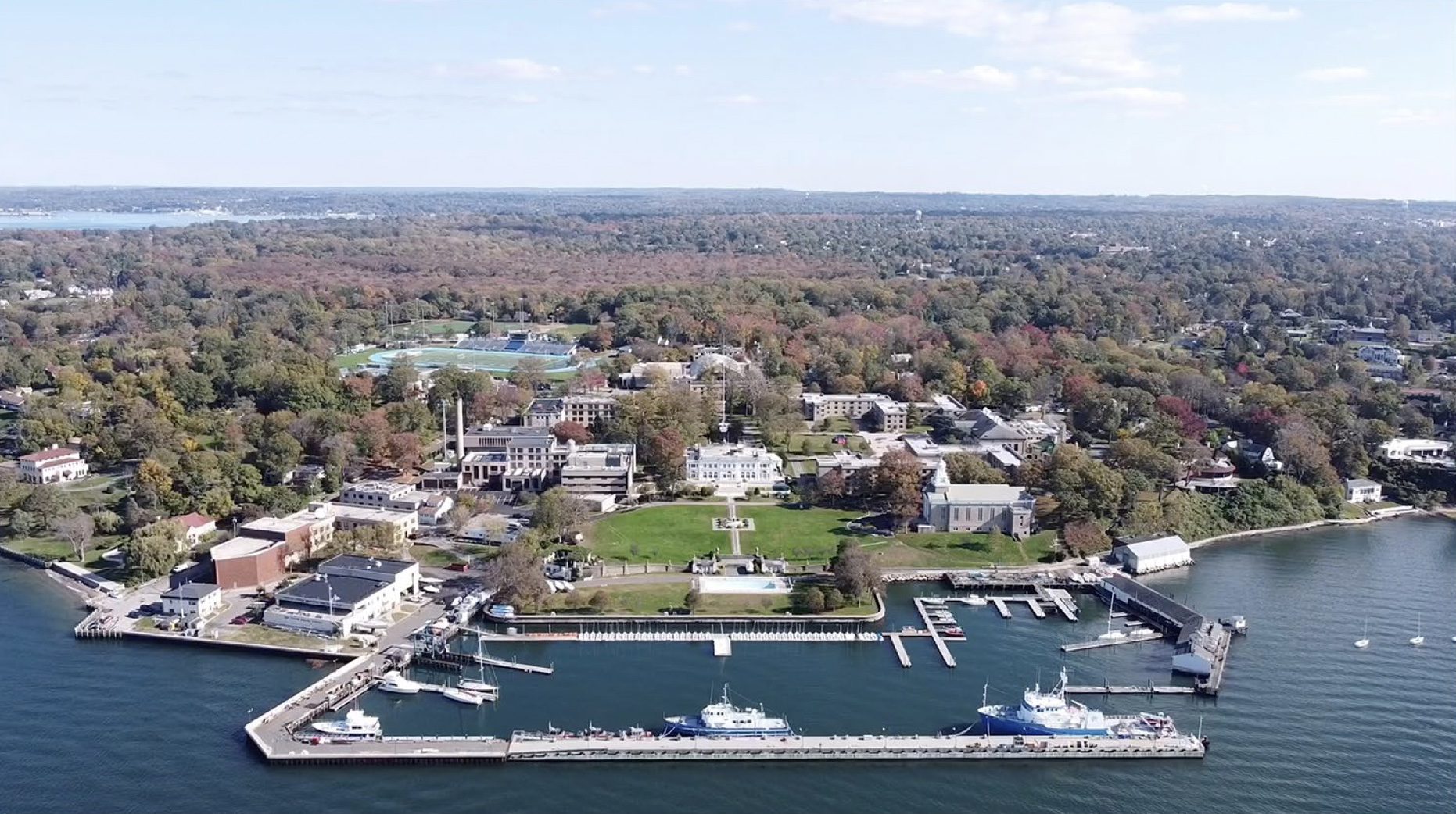 Aerial photos of the U.S. Merchant Marine Academy campus at Kings Point, New York