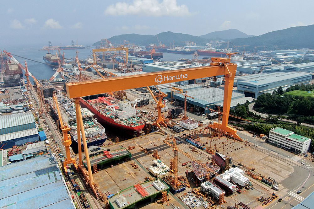 Aerial view of a ship drydock in South Korea