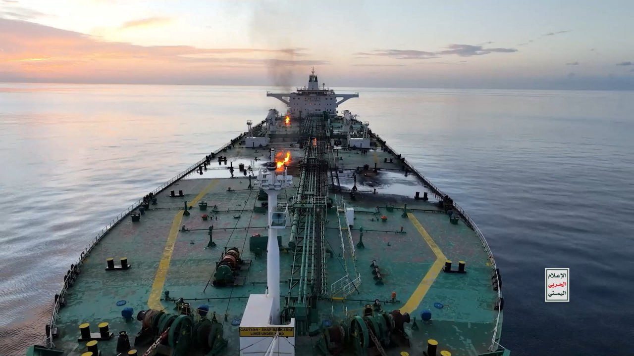 Sounion oil tanker on fire in Red Sea.Houthi Military Media/Handout via REUTERS