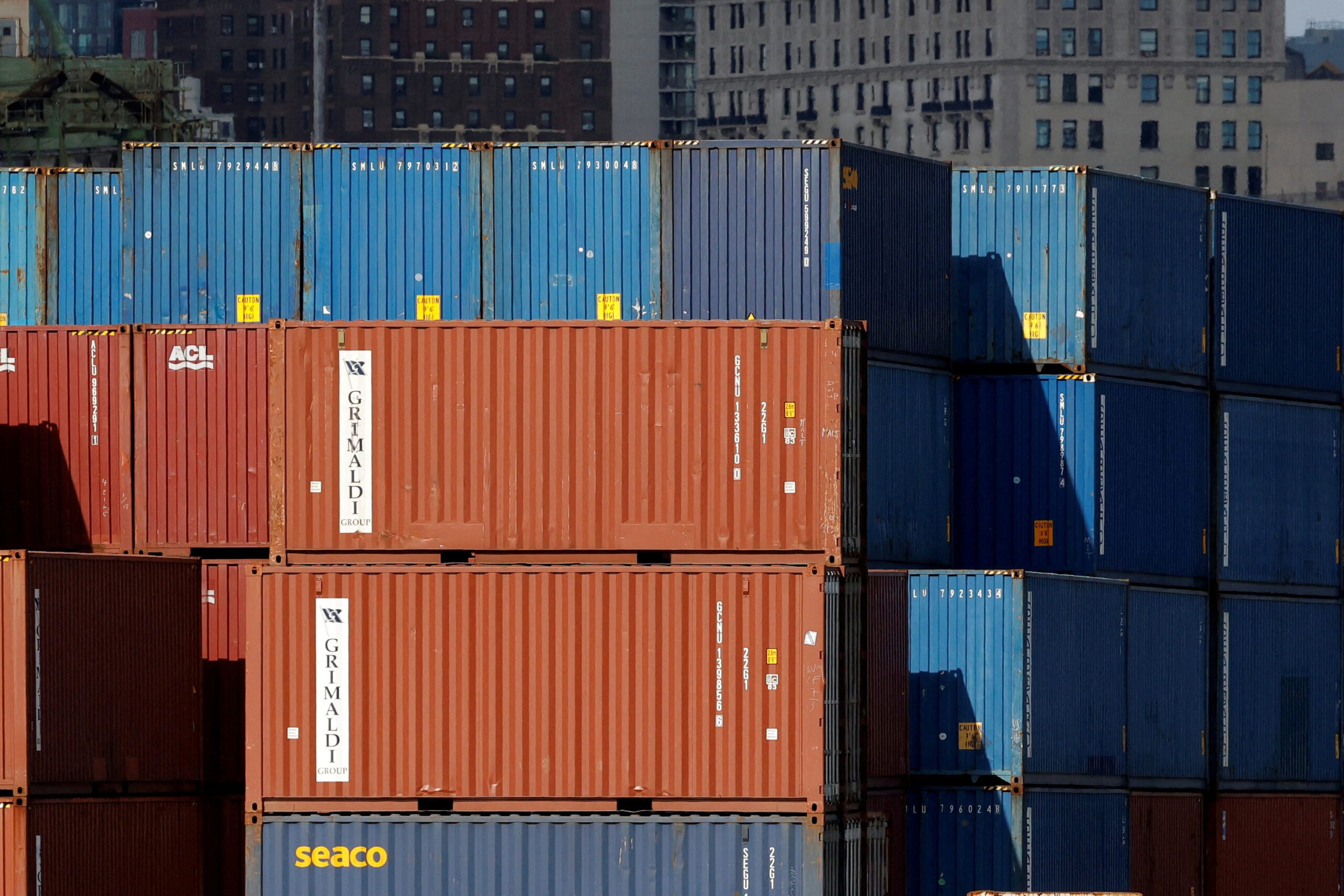 Red hook marine terminal shipping container stack in Brooklyn NYC