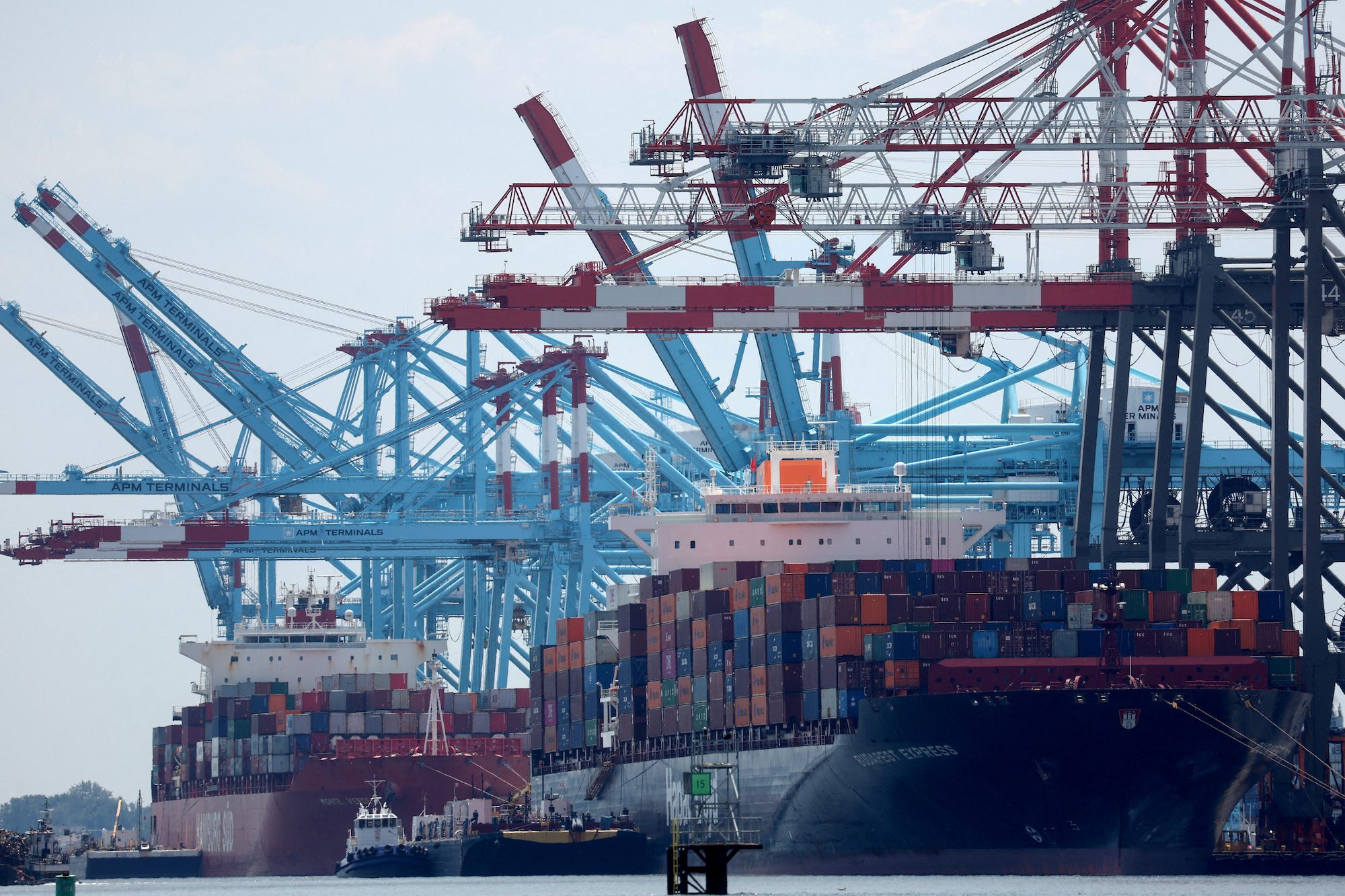 FILE PHOTO: Docked cargo ships are loaded with shipping containers at Port Elizabeth, New Jersey, U.S., July 12, 2023.