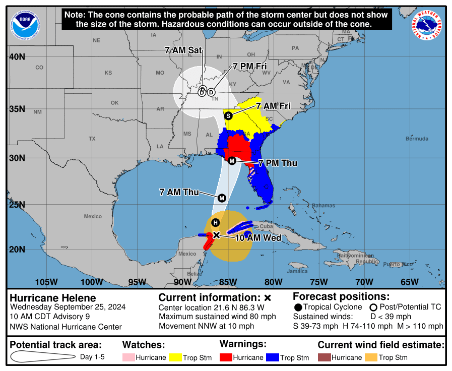 A new experimental cone graphic shows the extent of impacts Helene will bring to the U.S. This includes the hurricane warning which extends well inland from the coast. Credit: National Hurricane Center