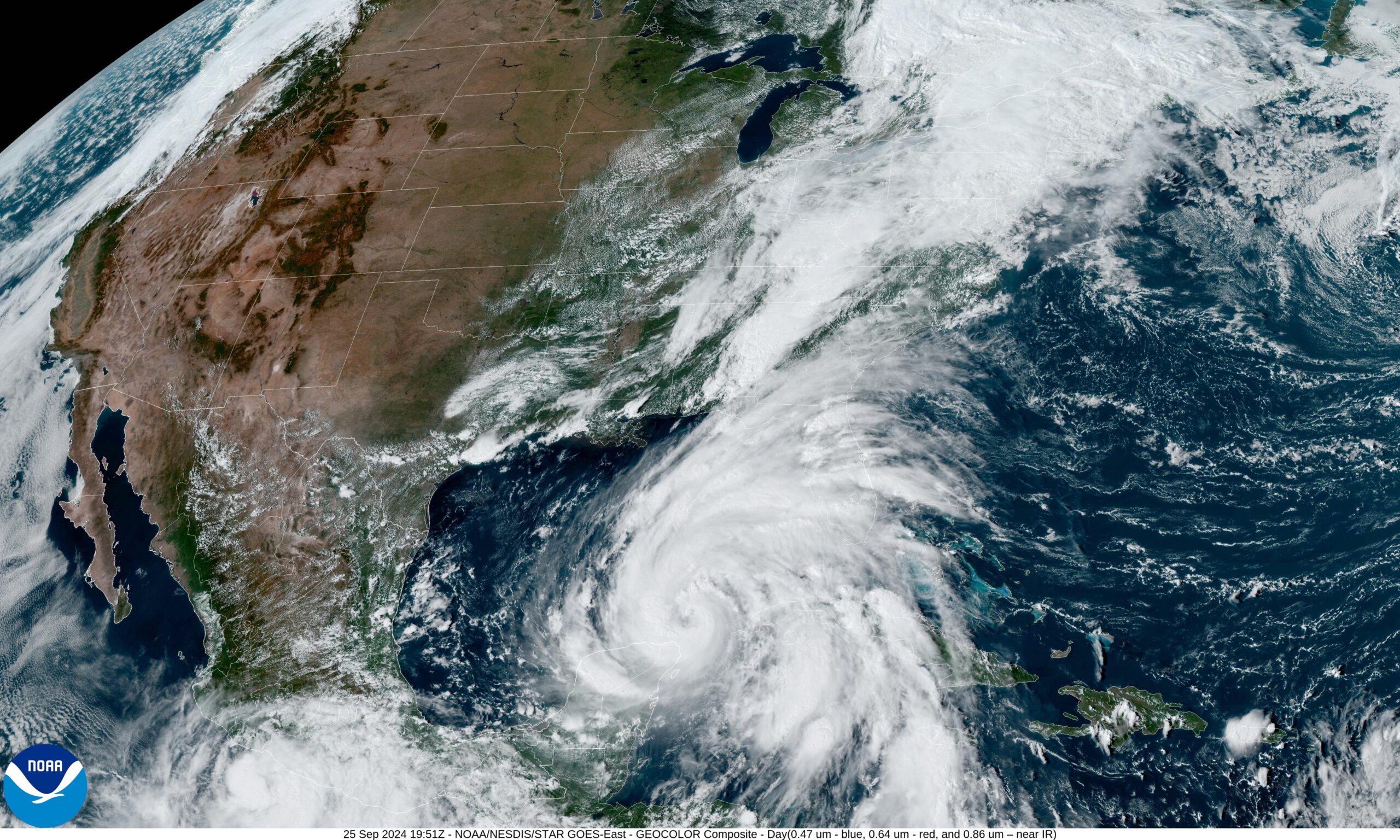 A satellite image of Hurricane Helene moving into the Gulf of Mexico taken by NOAA's GOES-16 (GOES East) satellite at 3:51 pm (ET) on Sept. 25, 2024. Image credit: NOAA