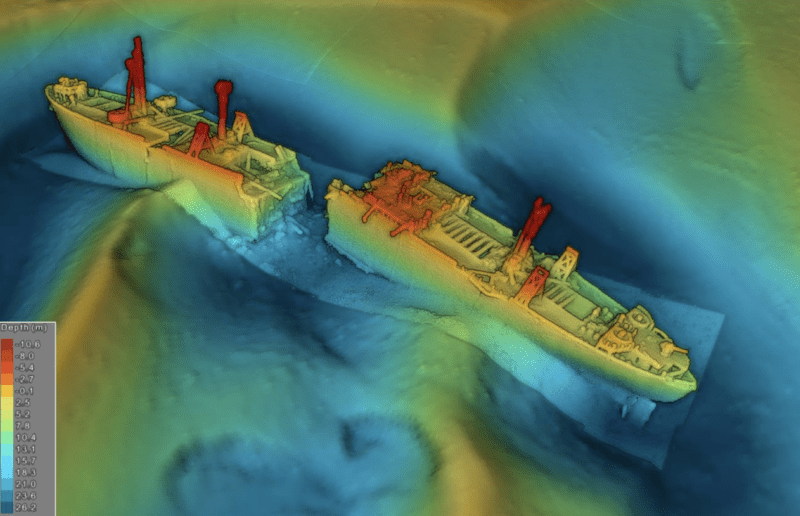 Overview picture of SS Richard Mountgomery. Point cloud data, including lidar, overlaid on a digital terrain model of the surrounding seabed