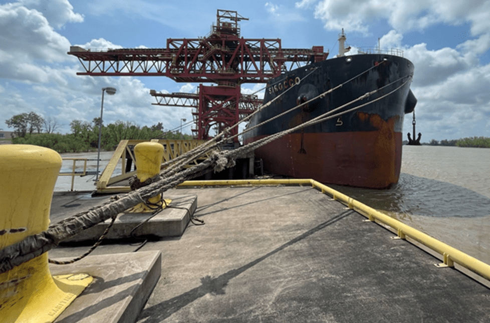 The forward mooring arrangement of the Sirocco at the Covent Marine Terminal Dock