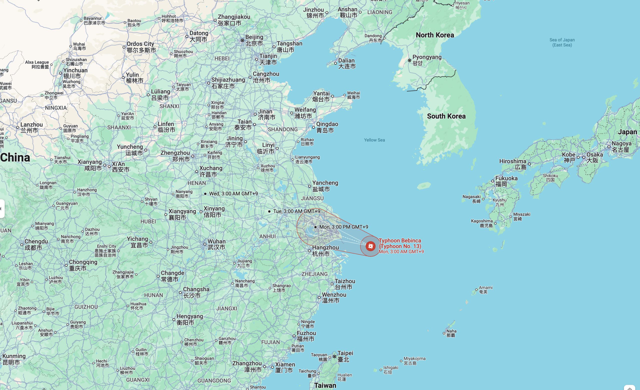 MArine chart showing Typhoon Bebinca approaching Shanghai with current position and projected path.