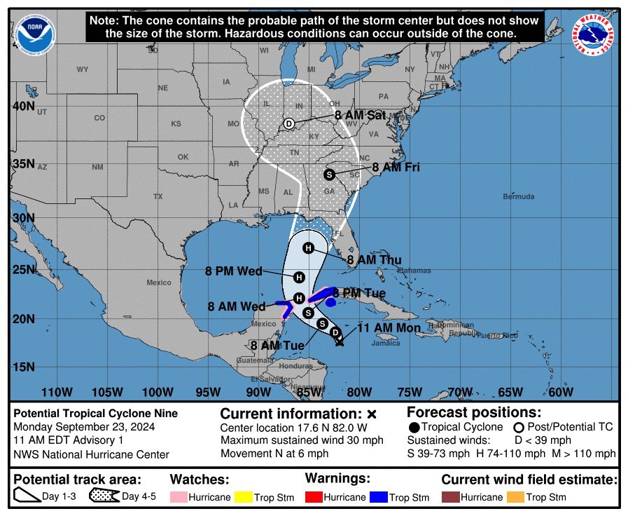 Future hurricane helena forecast cone and warning map