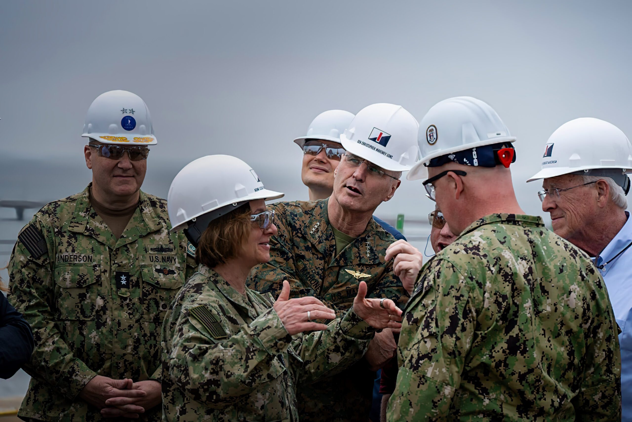 Senator Wicker meats with Navy CNO Admiral Lisa Franchetti during a tour of a shipyard