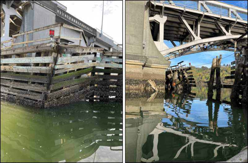 Damage to Hylebos Bridge fender system following the contact. 