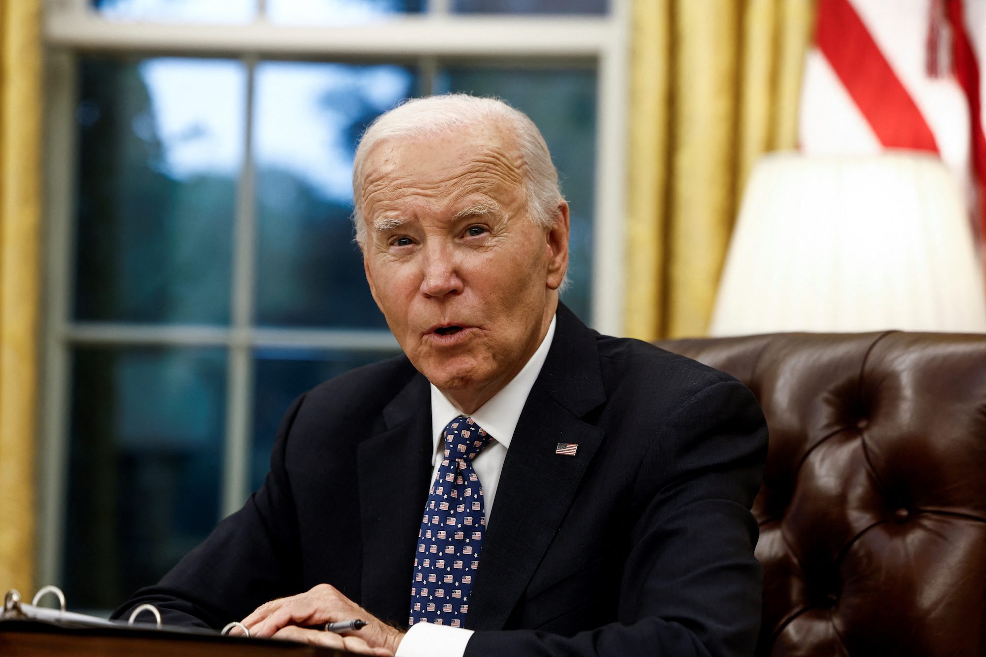 U.S. President Joe Biden provides an update on the Hurricane Helene response and recovery efforts, during remarks in the White House Oval Office in Washington, U.S., September 30, 2024. REUTERS/Evelyn Hockstein