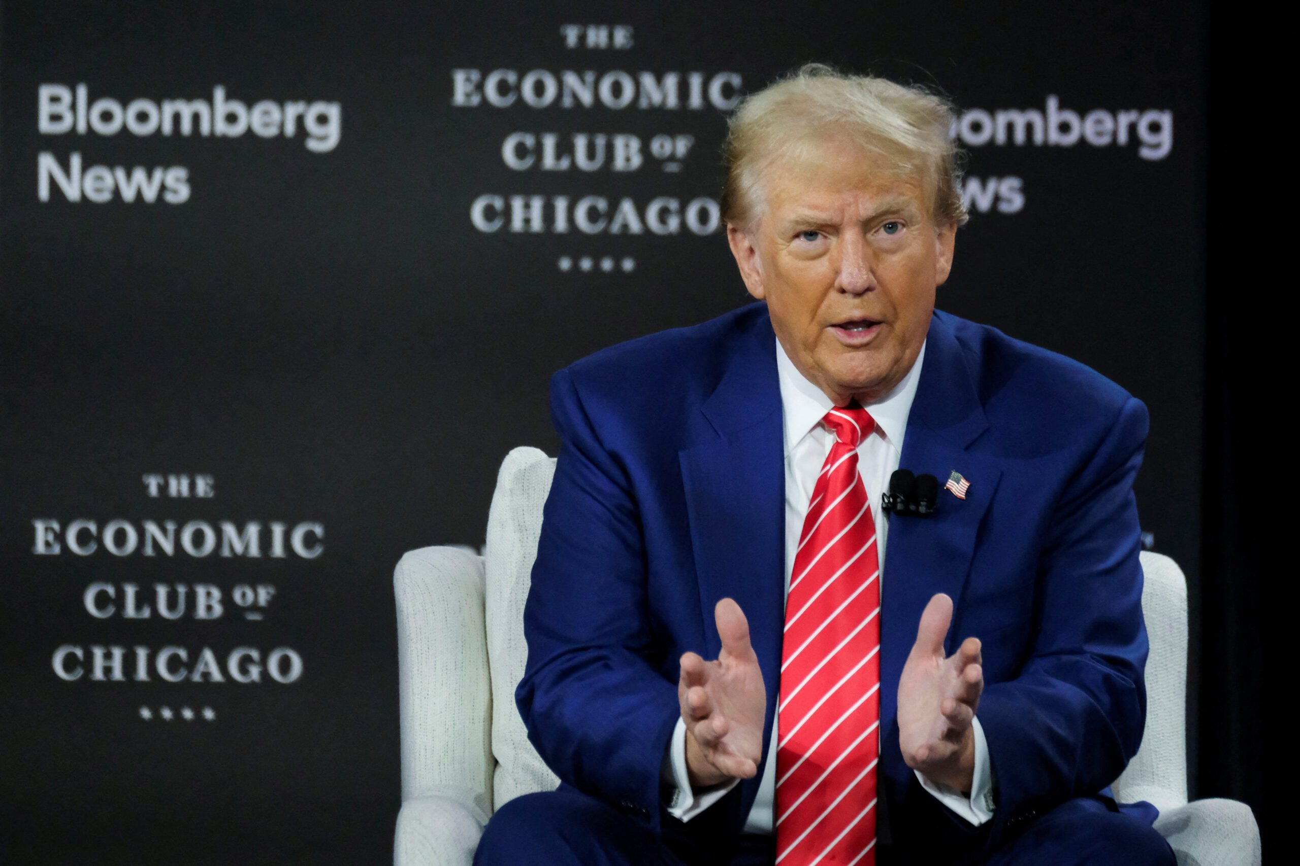 Republican presidential nominee and former U.S. President Donald Trump is interviewed by Bloomberg Editor-in-Chief John Micklethwait at the Economic Club of Chicago in Chicago, Illinois, U.S. October 15, 2024.