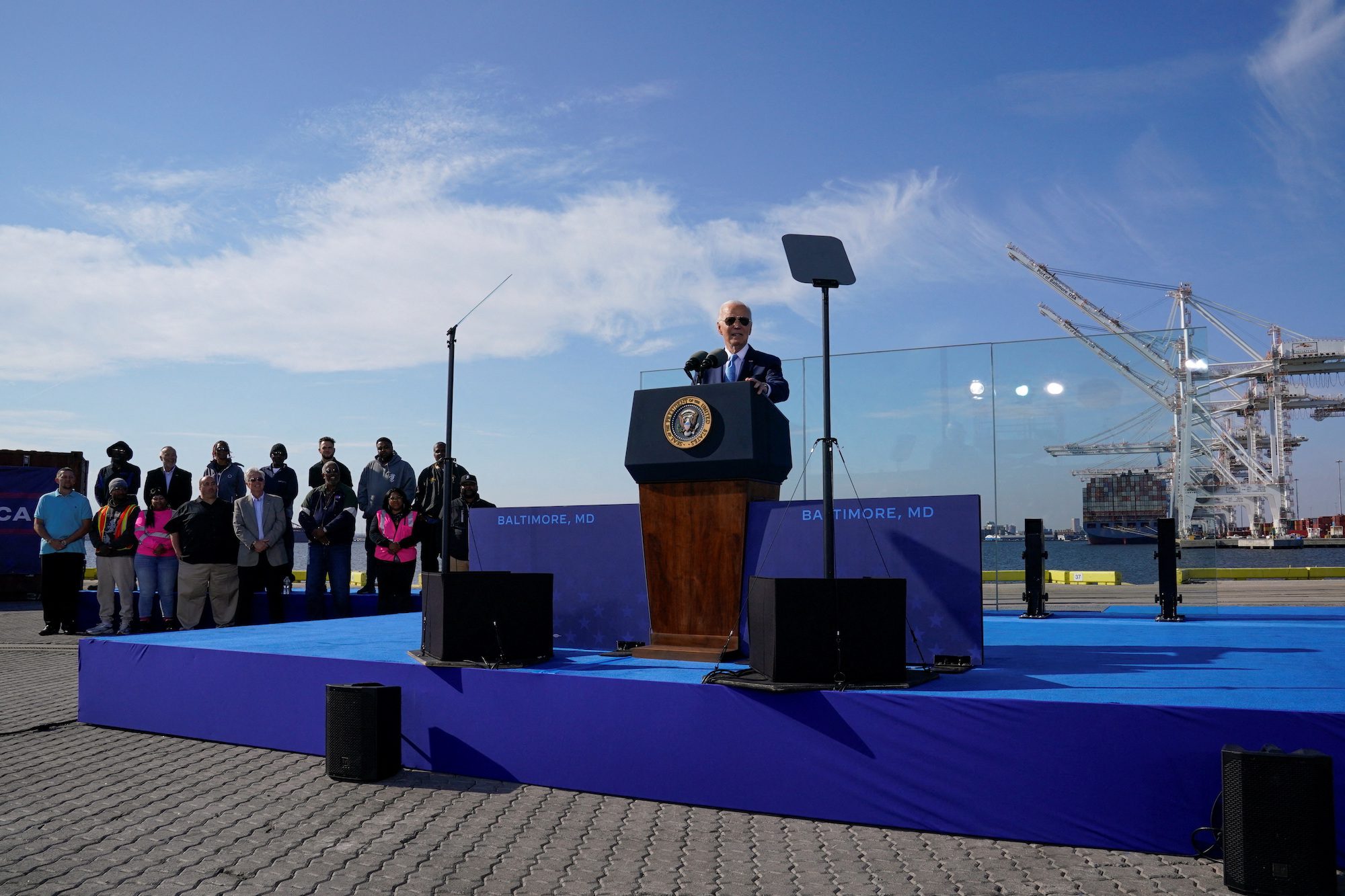 U.S. President Joe Biden delivers remarks during a visit to Dundalk Marine Terminal in Baltimore, Maryland, U.S., October 29, 2024