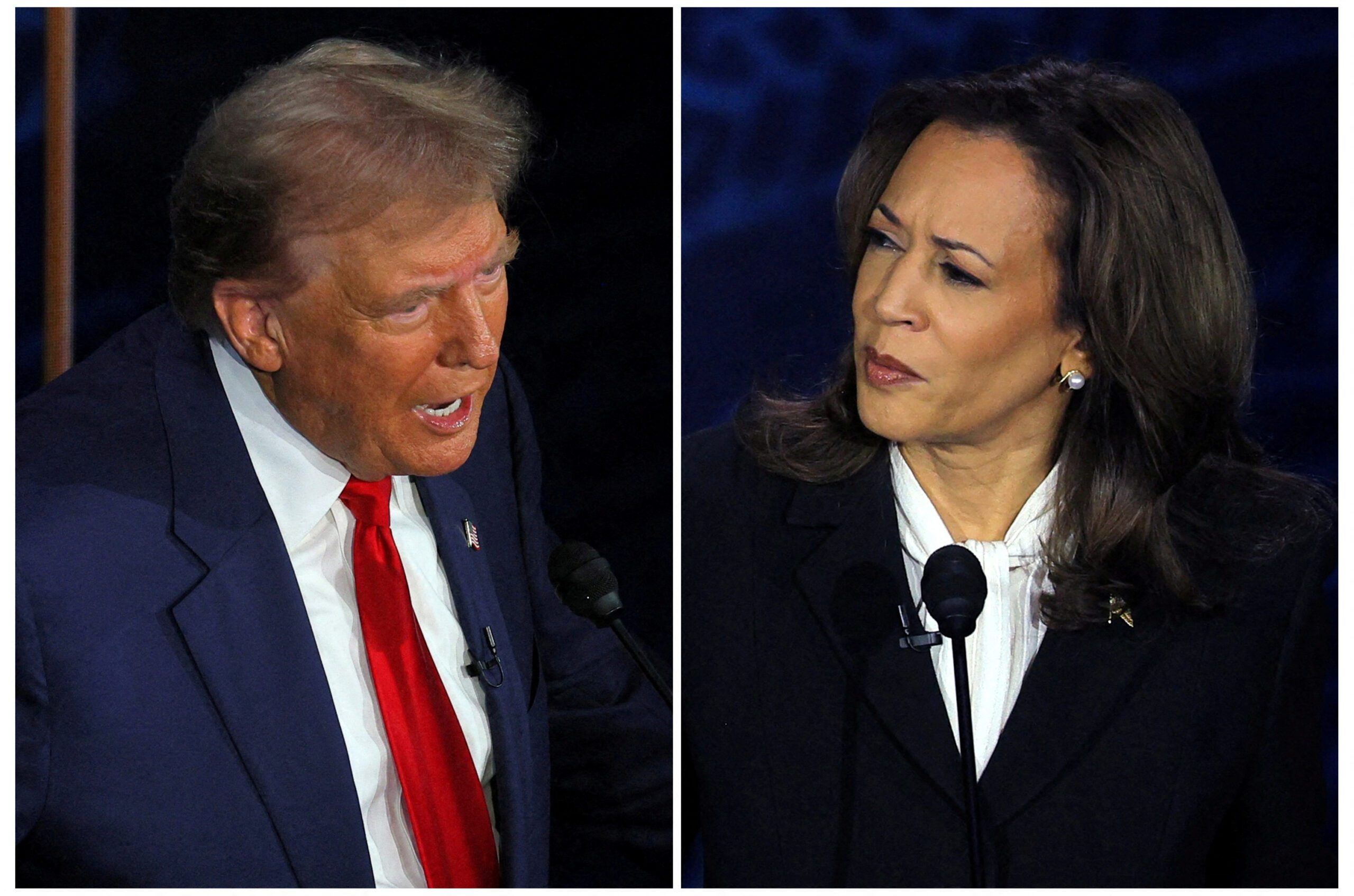 FILE PHOTO: Republican presidential nominee, former U.S. President Donald Trump and Democratic presidential nominee, U.S. Vice President Kamala Harris take part in a presidential debate hosted by ABC in Philadelphia, Pennsylvania, U.S., September 10, 2024 in a combination of file photographs.