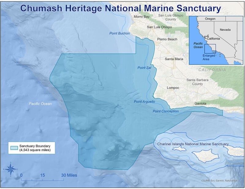 Map of Chumash Heritage National Marine Sanctuary showing sanctuary boundaries, which encompasses 4,543 square miles along 116 miles of coastline. Image: NOAA
