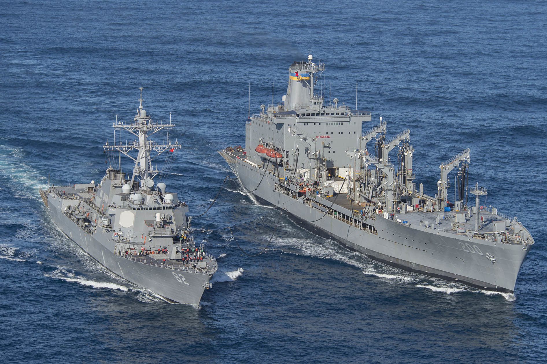 Arleigh Burke-class guided-missile destroyer USS Lassen (DDG 82), left, takes on fuel from Military Sealift Command (MSC) fleet replenishment oiler USNS Guadalupe (T-AO 200) off the coast of Southern California during an underway replenishment (UNREP). U.S. Navy Photo